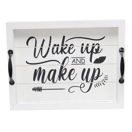 ELEGANT DESIGNS LED Light Up Wooden Serving Tray with Black Handles and Wake up and make up in Black Script, White HG2032-WWM